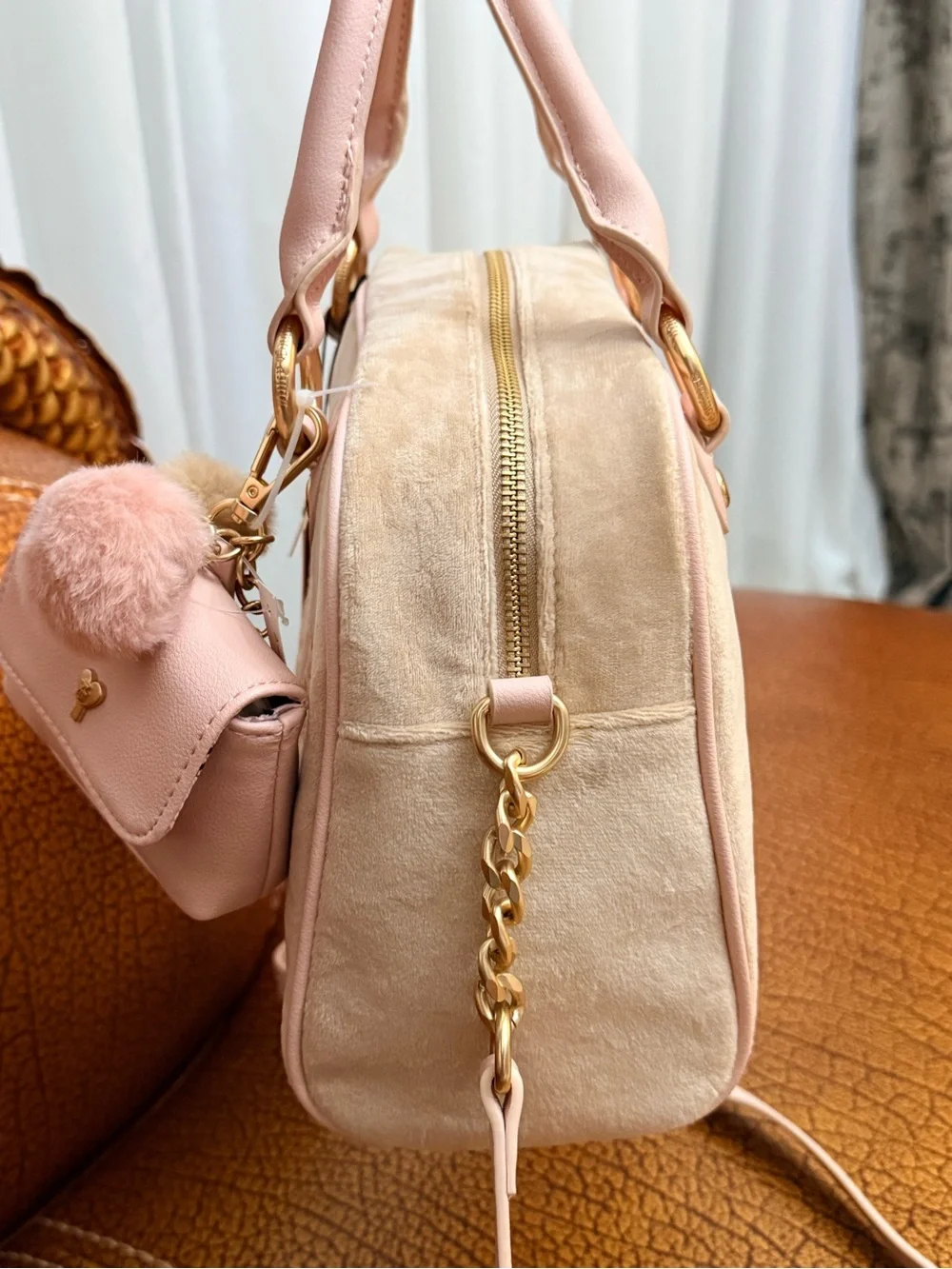 Juicy Couture Blush Pink Suede and Leather Satchel with Pom-Pom Charm